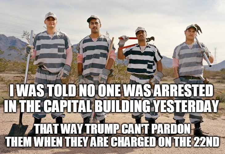 Send them to those for profit prisons the republicans love so much | I WAS TOLD NO ONE WAS ARRESTED IN THE CAPITAL BUILDING YESTERDAY; THAT WAY TRUMP CAN'T PARDON THEM WHEN THEY ARE CHARGED ON THE 22ND | image tagged in chain gang | made w/ Imgflip meme maker