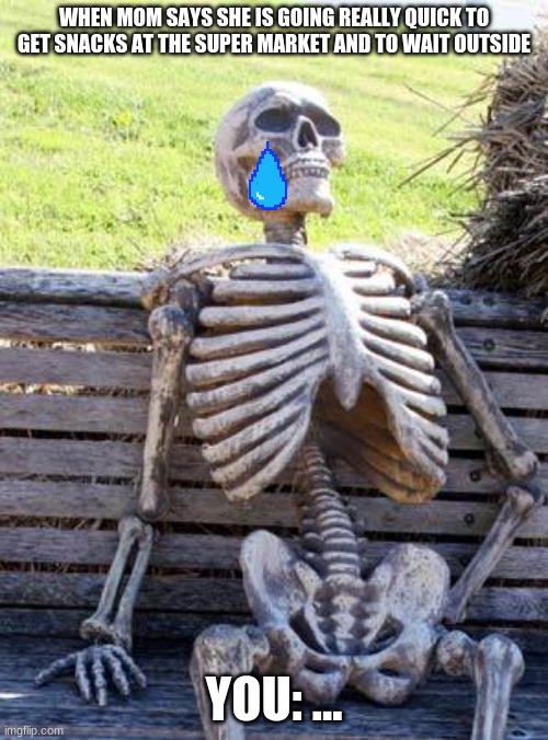 Waiting Skeleton | WHEN MOM SAYS SHE IS GOING REALLY QUICK TO GET SNACKS AT THE SUPER MARKET AND TO WAIT OUTSIDE; YOU: ... | image tagged in memes,waiting skeleton | made w/ Imgflip meme maker