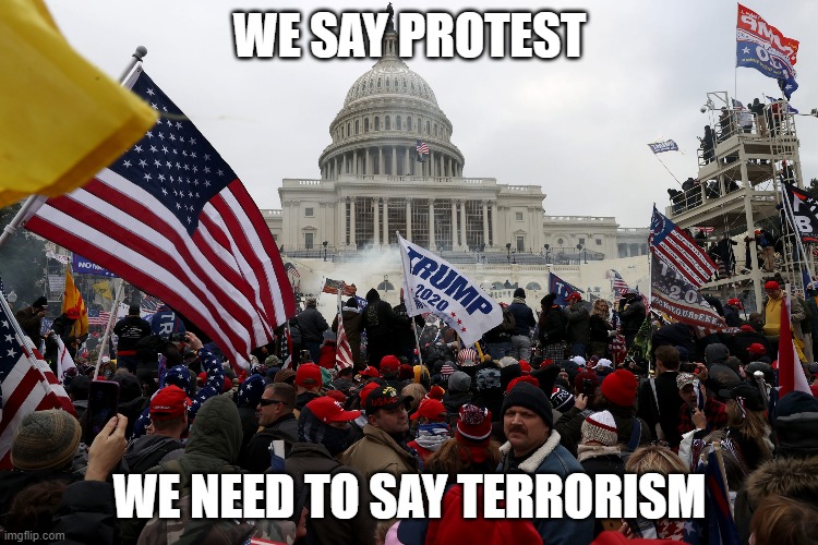 terrorismpolitics | WE SAY PROTEST; WE NEED TO SAY TERRORISM | image tagged in politics,racist,racism,terrorism,protesters | made w/ Imgflip meme maker