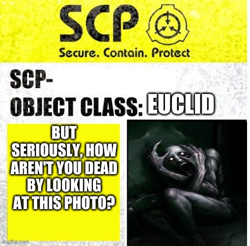 SCP Sign Generator | EUCLID; BUT SERIOUSLY, HOW AREN'T YOU DEAD BY LOOKING AT THIS PHOTO? | image tagged in scp sign generator,scp | made w/ Imgflip meme maker