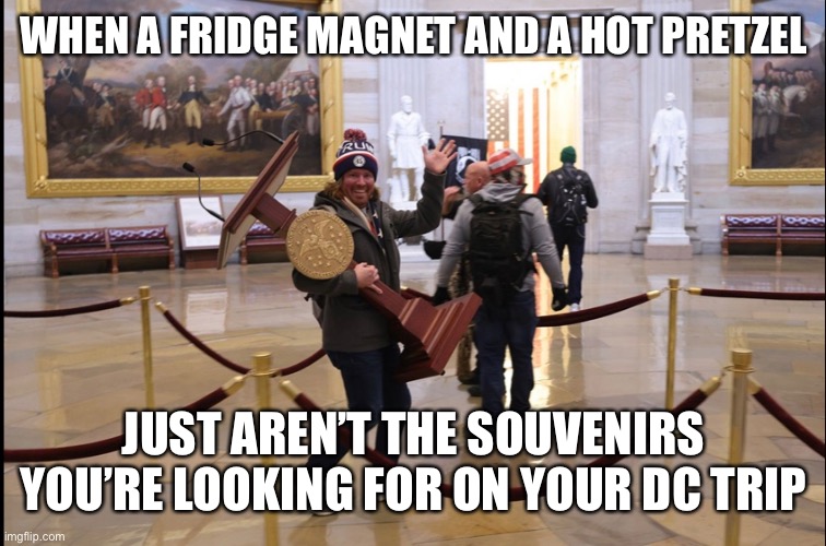 Capitol looters | WHEN A FRIDGE MAGNET AND A HOT PRETZEL; JUST AREN’T THE SOUVENIRS YOU’RE LOOKING FOR ON YOUR DC TRIP | image tagged in capitol hill,electoral college,trump supporters,anti trump meme,looting,looters | made w/ Imgflip meme maker