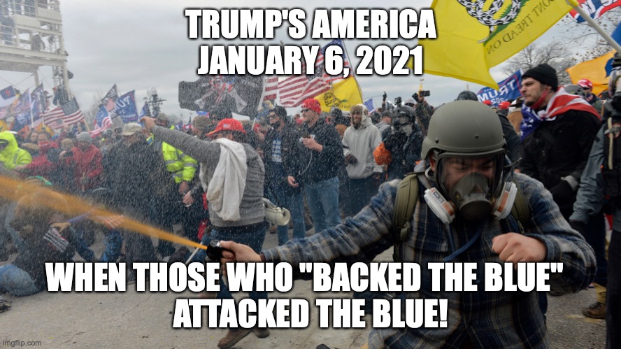 Trumps America | TRUMP'S AMERICA
JANUARY 6, 2021; WHEN THOSE WHO "BACKED THE BLUE"  
ATTACKED THE BLUE! | image tagged in back the blue,riot,washington,maga | made w/ Imgflip meme maker