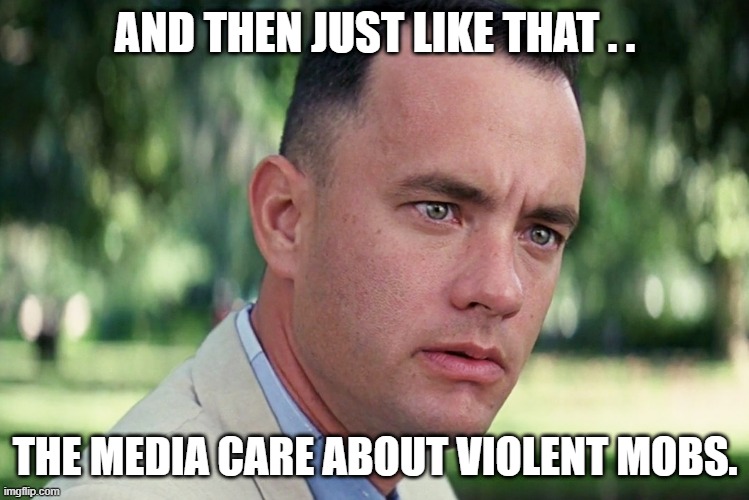 Violent Mobs | AND THEN JUST LIKE THAT . . THE MEDIA CARE ABOUT VIOLENT MOBS. | image tagged in memes,and just like that,election 2020,mainstream media,voter fraud,washington dc | made w/ Imgflip meme maker