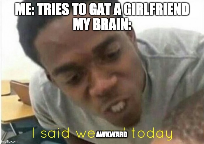 i said we ____ today | ME: TRIES TO GAT A GIRLFRIEND
MY BRAIN:; AWKWARD | image tagged in i said we ____ today | made w/ Imgflip meme maker