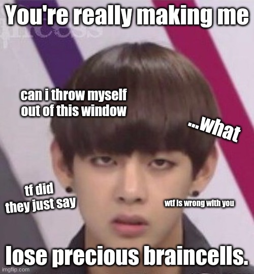 Yet another reaction meme :3 | You're really making me; can i throw myself out of this window; ...what; tf did they just say; wtf is wrong with you; lose precious braincells. | image tagged in bts v | made w/ Imgflip meme maker