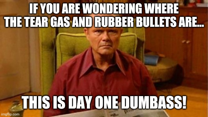 Your Comparisons are Ridiculous. | IF YOU ARE WONDERING WHERE THE TEAR GAS AND RUBBER BULLETS ARE... THIS IS DAY ONE DUMBASS! | image tagged in red forman dumbass,liberal logic | made w/ Imgflip meme maker