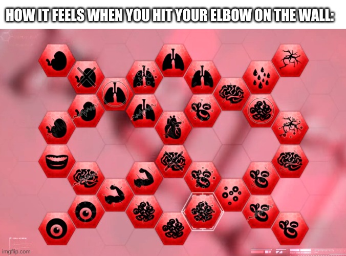 i can relate because it happened to me 5 seconds ago | HOW IT FEELS WHEN YOU HIT YOUR ELBOW ON THE WALL: | image tagged in memes,funny,plague inc,elbow,pain,ouch | made w/ Imgflip meme maker