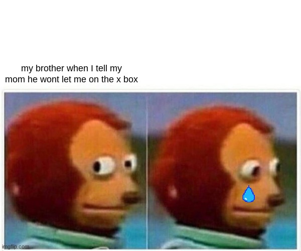 Monkey Puppet Meme | my brother when I tell my mom he wont let me on the x box | image tagged in memes,monkey puppet | made w/ Imgflip meme maker