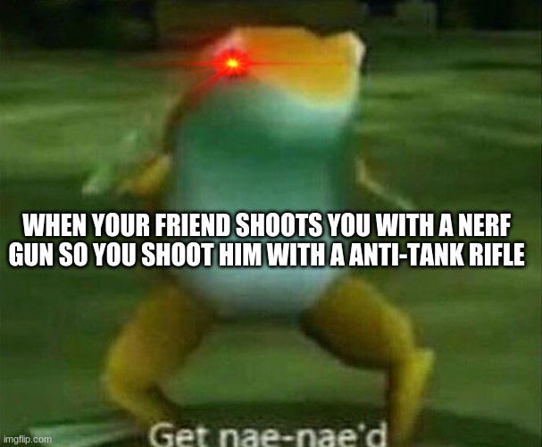 ITS NERF OR NAE NAE | WHEN YOUR FRIEND SHOOTS YOU WITH A NERF GUN SO YOU SHOOT HIM WITH A ANTI-TANK RIFLE | image tagged in get nae-nae'd,memes | made w/ Imgflip meme maker