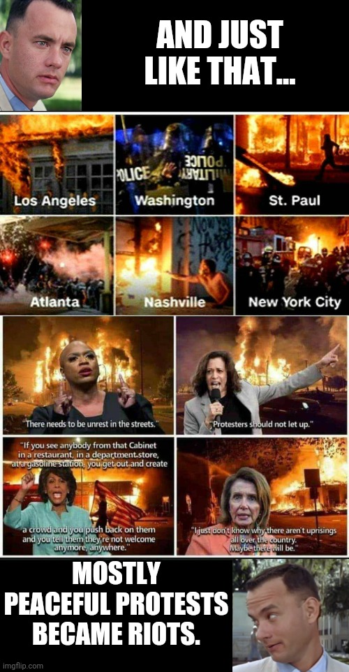 Peaceful Protests, politicians, and riots... oh my. | AND JUST LIKE THAT... MOSTLY PEACEFUL PROTESTS BECAME RIOTS. | image tagged in nancy pelosi,kamala harris,ayanna pressley,maxine waters,forest gump | made w/ Imgflip meme maker