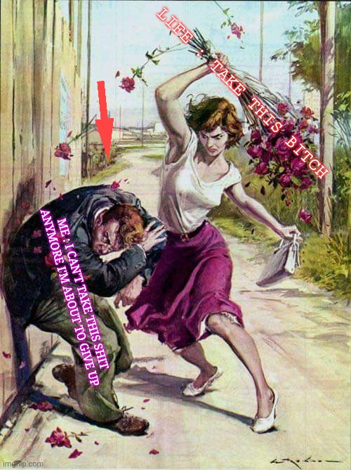 Take this bitch | LIFE : TAKE THIS BITCH; ME : I CAN'T TAKE THIS SHIT ANYMORE I'M ABOUT TO GIVE UP | image tagged in beaten with roses | made w/ Imgflip meme maker