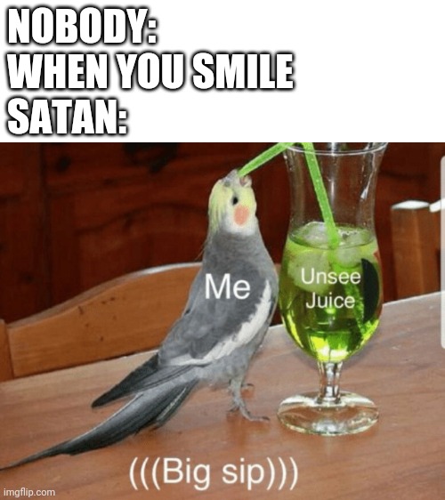 That About Sums It Up | NOBODY:
WHEN YOU SMILE
SATAN: | image tagged in blank white template | made w/ Imgflip meme maker