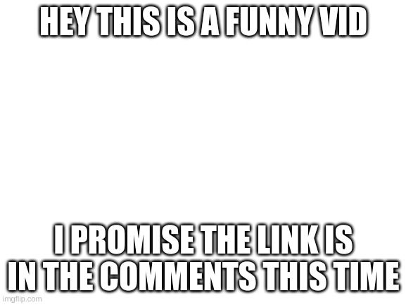 I just forgot the link last time | HEY THIS IS A FUNNY VID; I PROMISE THE LINK IS IN THE COMMENTS THIS TIME | image tagged in blank white template | made w/ Imgflip meme maker