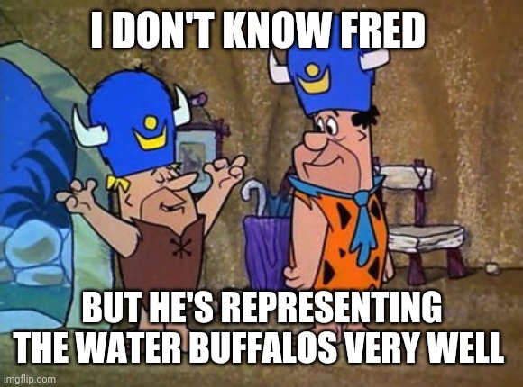 Barney rubble Fred Flintstone Flintstones | I DON'T KNOW FRED BUT HE'S REPRESENTING THE WATER BUFFALOS VERY WELL | image tagged in barney rubble fred flintstone flintstones | made w/ Imgflip meme maker