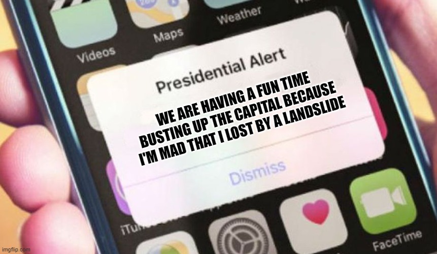 ... | WE ARE HAVING A FUN TIME BUSTING UP THE CAPITAL BECAUSE I'M MAD THAT I LOST BY A LANDSLIDE | image tagged in memes,presidential alert | made w/ Imgflip meme maker