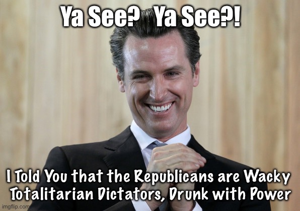 Scheming Gavin Newsom  | Ya See?   Ya See?! I Told You that the Republicans are Wacky 
Totalitarian Dictators, Drunk with Power | image tagged in scheming gavin newsom | made w/ Imgflip meme maker