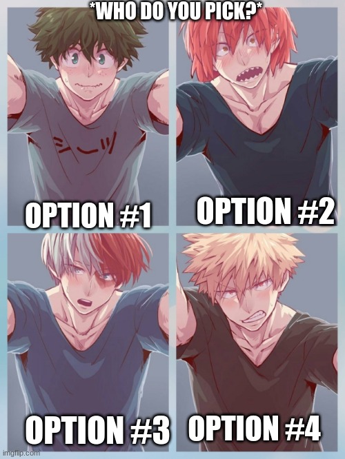 Who do you pick...... | *WHO DO YOU PICK?*; OPTION #2; OPTION #1; OPTION #4; OPTION #3 | image tagged in my hero academia,boys,choices | made w/ Imgflip meme maker