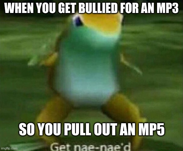 ratatatata | WHEN YOU GET BULLIED FOR AN MP3; SO YOU PULL OUT AN MP5 | image tagged in get nae-nae'd | made w/ Imgflip meme maker