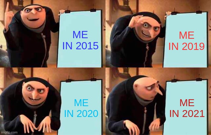 Gru's Plan | ME IN 2015; ME IN 2019; ME IN 2020; ME IN 2021 | image tagged in memes,gru's plan | made w/ Imgflip meme maker