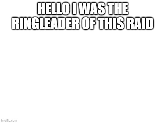 Blank White Template | HELLO I WAS THE RINGLEADER OF THIS RAID | image tagged in blank white template | made w/ Imgflip meme maker