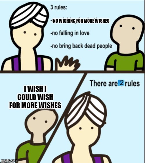 NO WISHING FOR MORE WISHES; I WISH I COULD WISH FOR MORE WISHES | image tagged in there are 2 rules | made w/ Imgflip meme maker