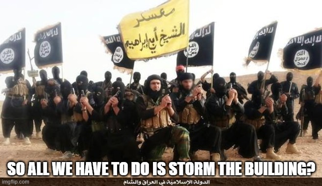 Trump and followers, making the United States of America look weak to the world. | SO ALL WE HAVE TO DO IS STORM THE BUILDING? | image tagged in isis jihad terrorists,memes,domestic terrorists,gop,maga,politics | made w/ Imgflip meme maker