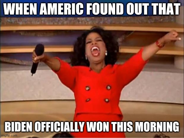 Oprah You Get A | WHEN AMERICA FOUND OUT THAT; BIDEN OFFICIALLY WON THIS MORNING | image tagged in memes,oprah you get a | made w/ Imgflip meme maker