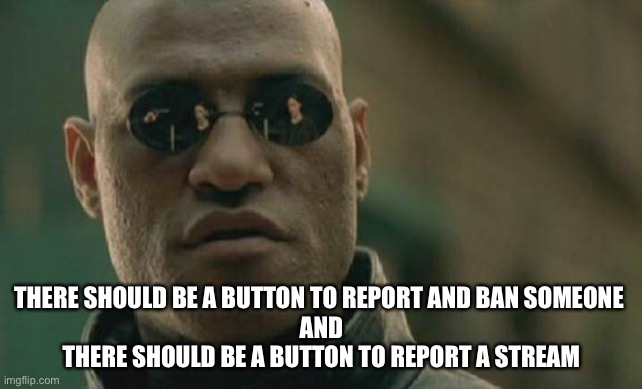 What if??? | THERE SHOULD BE A BUTTON TO REPORT AND BAN SOMEONE 
AND
THERE SHOULD BE A BUTTON TO REPORT A STREAM | image tagged in memes,matrix morpheus | made w/ Imgflip meme maker