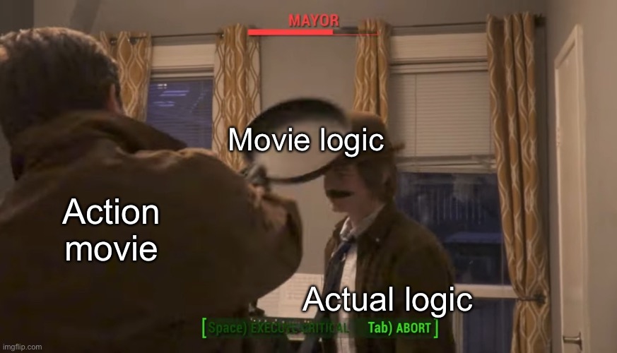 Walking away from an explosion unharmed makes sense to me | Movie logic; Action movie; Actual logic | image tagged in mayor vs frying pan,movies,movie logic,logic | made w/ Imgflip meme maker