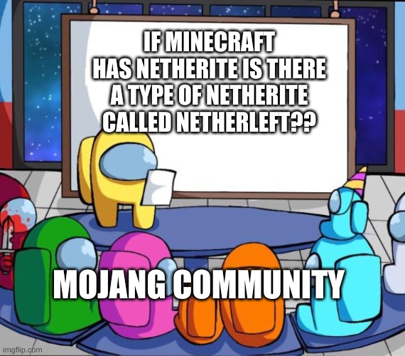So mojang.... is netherleft a thing but just netherite just facing left?? |  IF MINECRAFT HAS NETHERITE IS THERE A TYPE OF NETHERITE CALLED NETHERLEFT?? MOJANG COMMUNITY | image tagged in among us presentation,minecraft,memes | made w/ Imgflip meme maker