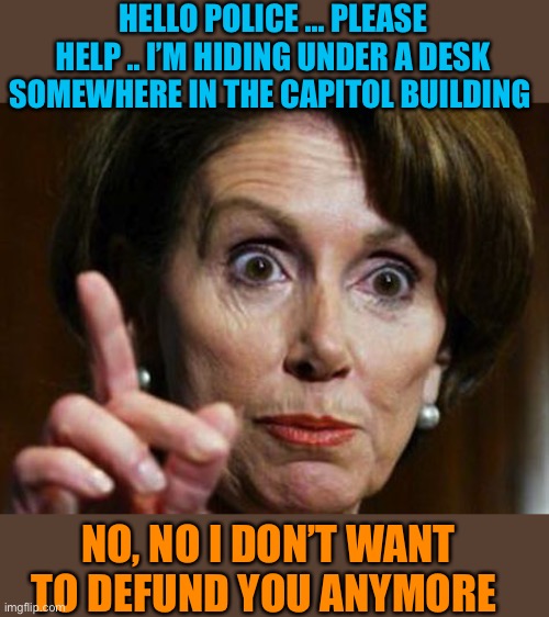 Nancy Pelosi No Spending Problem | HELLO POLICE ... PLEASE HELP .. I’M HIDING UNDER A DESK SOMEWHERE IN THE CAPITOL BUILDING NO, NO I DON’T WANT TO DEFUND YOU ANYMORE | image tagged in nancy pelosi no spending problem | made w/ Imgflip meme maker