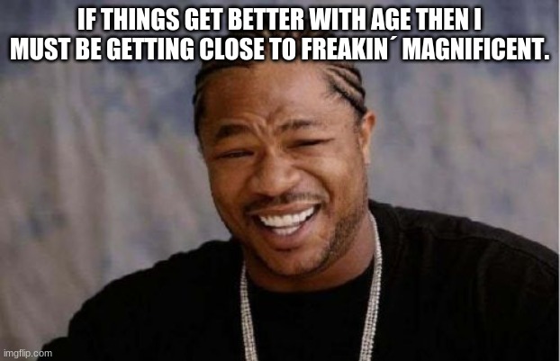 Yo Dawg Heard You Meme | IF THINGS GET BETTER WITH AGE THEN I MUST BE GETTING CLOSE TO FREAKIN´ MAGNIFICENT. | image tagged in memes,yo dawg heard you | made w/ Imgflip meme maker