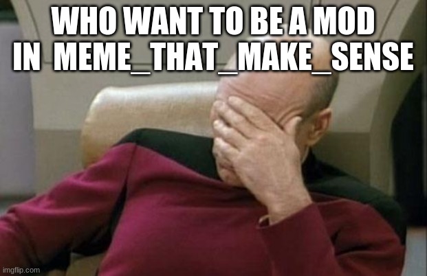 Captain Picard Facepalm | WHO WANT TO BE A MOD IN  MEME_THAT_MAKE_SENSE | image tagged in memes,captain picard facepalm | made w/ Imgflip meme maker