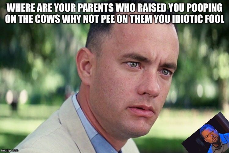 Poop | WHERE ARE YOUR PARENTS WHO RAISED YOU POOPING ON THE COWS WHY NOT PEE ON THEM YOU IDIOTIC FOOL | image tagged in memes,and just like that,pee,pooping,i have no idea what i am doing,funny | made w/ Imgflip meme maker