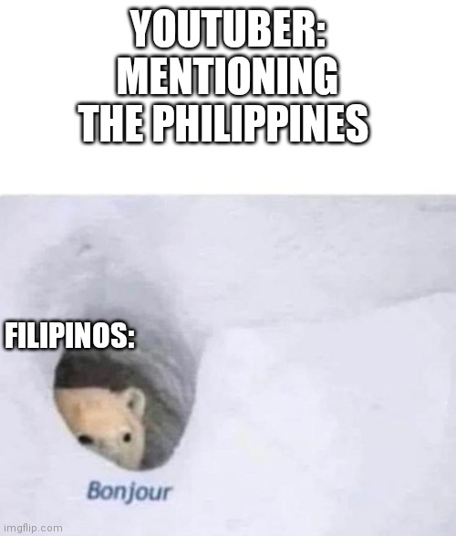 Bonjour | YOUTUBER: MENTIONING THE PHILIPPINES; FILIPINOS: | image tagged in bonjour | made w/ Imgflip meme maker