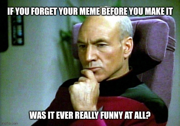 IF YOU FORGET YOUR MEME BEFORE YOU MAKE IT; WAS IT EVER REALLY FUNNY AT ALL? | image tagged in picard,patrick stewart,deep thoughts,star trek,silly,funny | made w/ Imgflip meme maker