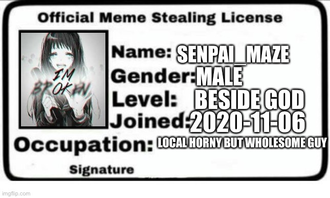 E | SENPAI_MAZE; MALE; BESIDE GOD; 2020-11-06; LOCAL HORNY BUT WHOLESOME GUY | image tagged in official meme stealing license | made w/ Imgflip meme maker