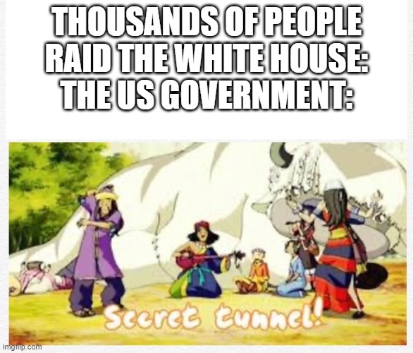 Secret Tunnel | THOUSANDS OF PEOPLE RAID THE WHITE HOUSE:
THE US GOVERNMENT: | image tagged in secret tunnel | made w/ Imgflip meme maker