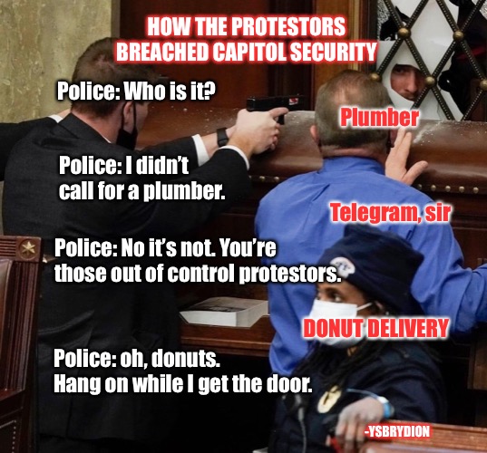 Breaching Capitol Security | HOW THE PROTESTORS BREACHED CAPITOL SECURITY; Police: Who is it? Plumber; Police: I didn’t call for a plumber. Telegram, sir; Police: No it’s not. You’re those out of control protestors. DONUT DELIVERY; Police: oh, donuts. Hang on while I get the door. -YSBRYDION | image tagged in trump,police,uscapitol,security | made w/ Imgflip meme maker