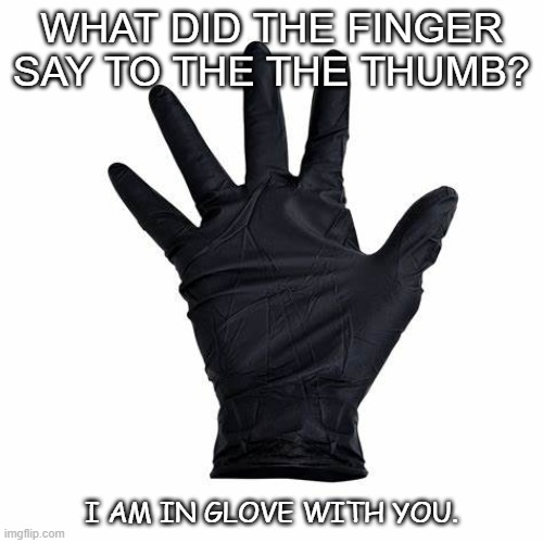 Daily Bad Dad Joke 01/07/2020 | WHAT DID THE FINGER SAY TO THE THE THUMB? I AM IN GLOVE WITH YOU. | image tagged in gloves | made w/ Imgflip meme maker