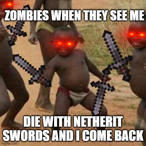 Third World Success Kid | ZOMBIES WHEN THEY SEE ME; DIE WITH NETHERIT SWORDS AND I COME BACK | image tagged in memes,third world success kid | made w/ Imgflip meme maker