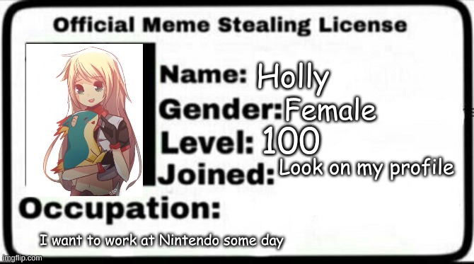 Now I can steal memes | Holly; Female; 100; Look on my profile; I want to work at Nintendo some day | image tagged in meme stealing license | made w/ Imgflip meme maker