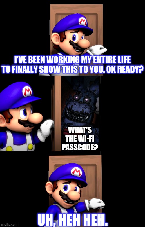 FNAF 4 in a nutshell | WHAT'S THE WI-FI PASSCODE? | image tagged in smg4 door,fnaf 4 | made w/ Imgflip meme maker