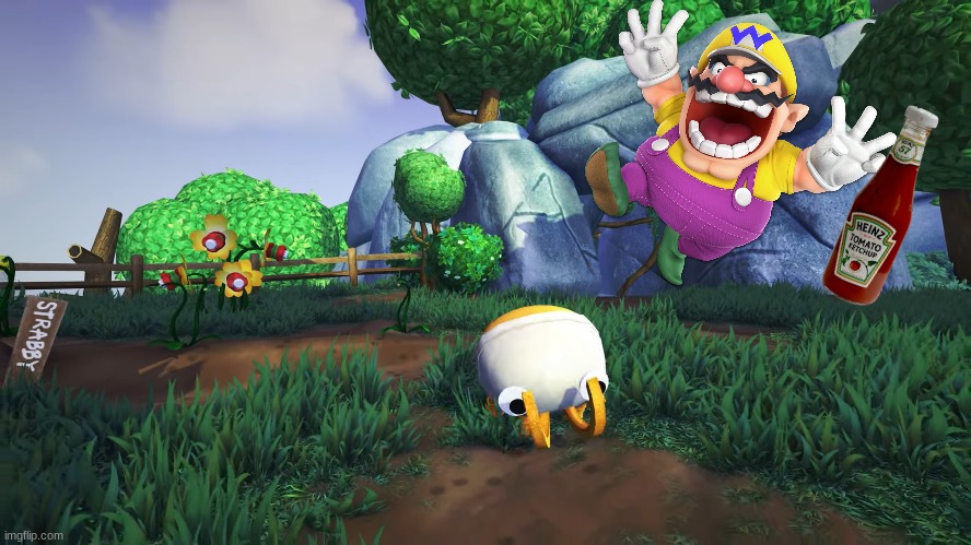 Wario dies after walking in Snack Tooth island with Ketchup.mp3 (featuring Bunger) | image tagged in wario dies,wario,bugsnax,bunger,ketchup,memes | made w/ Imgflip meme maker