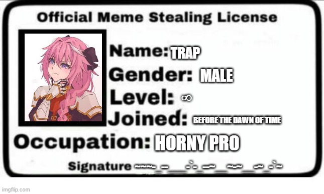 Official Meme Stealing License | TRAP; MALE; ∞; BEFORE THE DAWN OF TIME; HORNY PRO; ~~~-_--___-`-_--~__~-~__-~_-`~ | image tagged in official meme stealing license | made w/ Imgflip meme maker