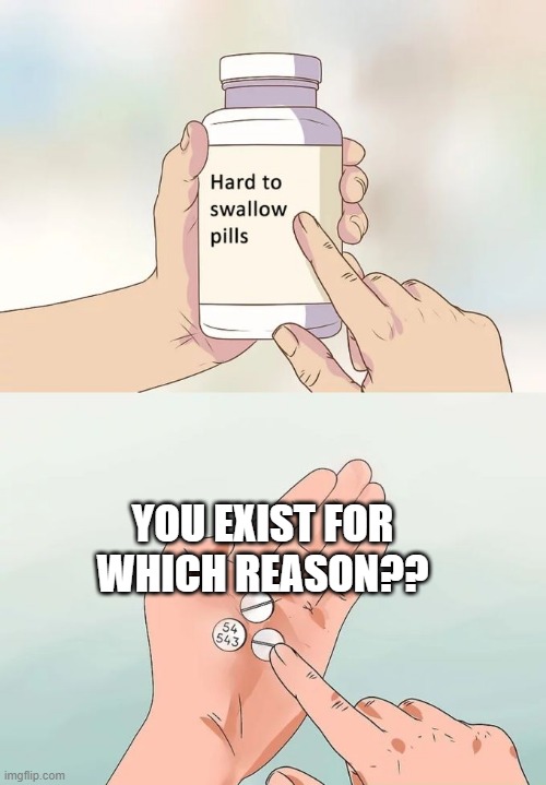 Hard To Swallow Pills Meme | YOU EXIST FOR WHICH REASON?? | image tagged in memes,hard to swallow pills | made w/ Imgflip meme maker