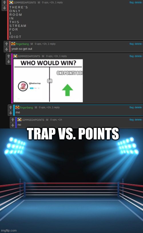 reeee | TRAP VS. POINTS | image tagged in boxing ring | made w/ Imgflip meme maker