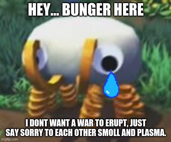 oh hey, i translated a Bunger. | HEY... BUNGER HERE; I DONT WANT A WAR TO ERUPT, JUST SAY SORRY TO EACH OTHER SMOLL AND PLASMA. | image tagged in bunger | made w/ Imgflip meme maker