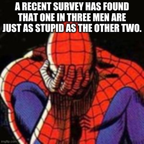 Sad Spiderman | A RECENT SURVEY HAS FOUND THAT ONE IN THREE MEN ARE JUST AS STUPID AS THE OTHER TWO. | image tagged in memes,sad spiderman,spiderman | made w/ Imgflip meme maker