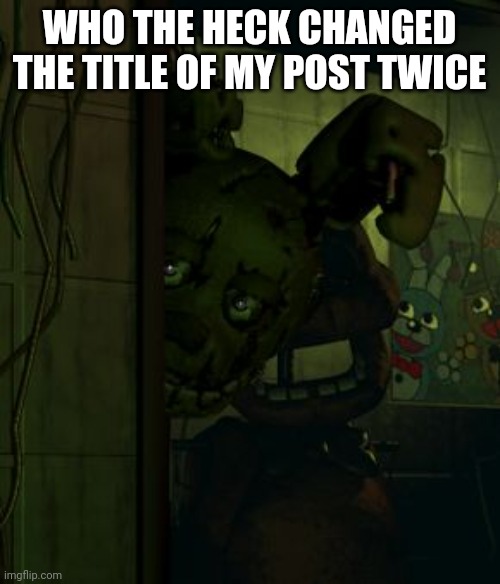 it has to be one of the mods right? | WHO THE HECK CHANGED THE TITLE OF MY POST TWICE | image tagged in springtrap in door | made w/ Imgflip meme maker